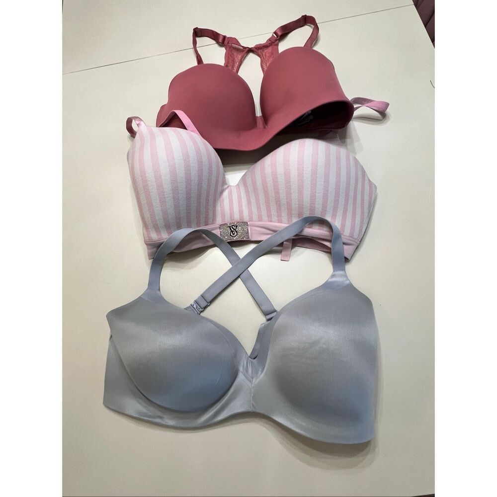 Lot of 3 Victoria's Secret Women's Seamless Push Up Bra Blue Pink Size 36DDD